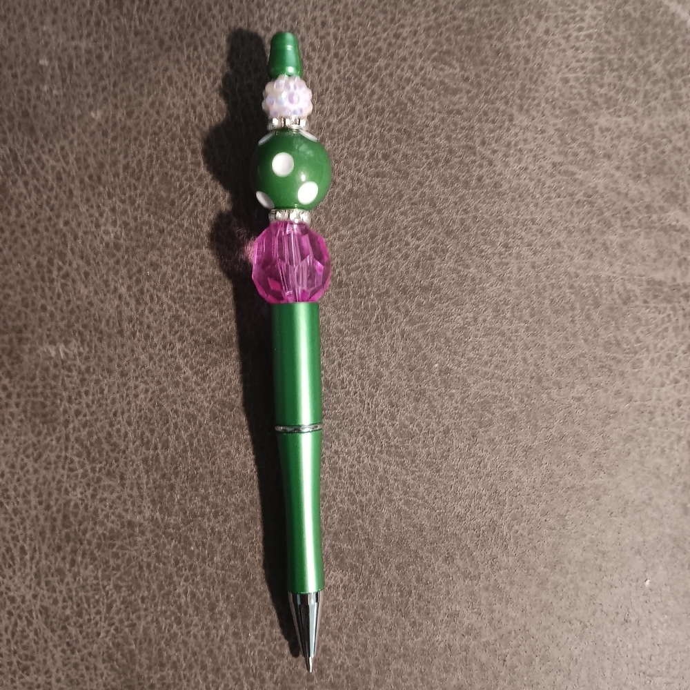 Hand Crafted Green and Pink Beaded Pen